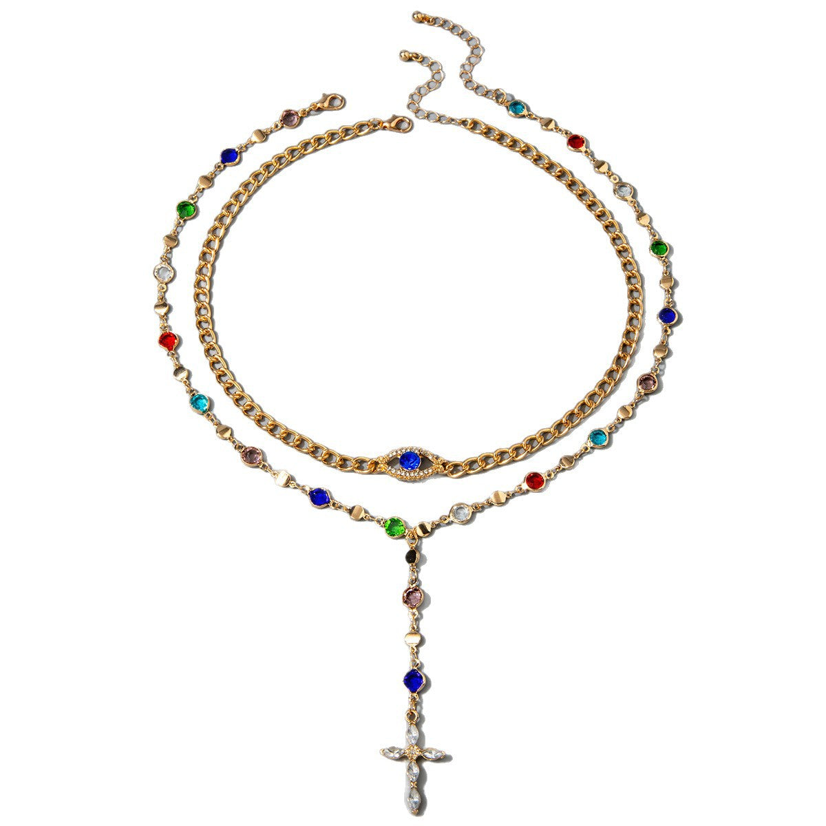 Europe and America ins Dopamine Colorful Crystal Chain Stacking Necklace Fashionable Diamond-Encrusted Cross Y Type Necklace