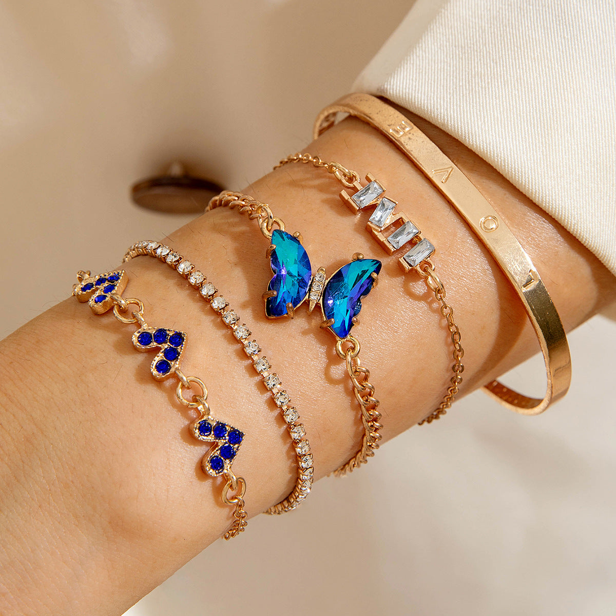 European and American Jewelry High-End Imitation Crystal Butterfly Bracelet Set Fashion Inlaid Diamond Heart Bracelet Wholesale