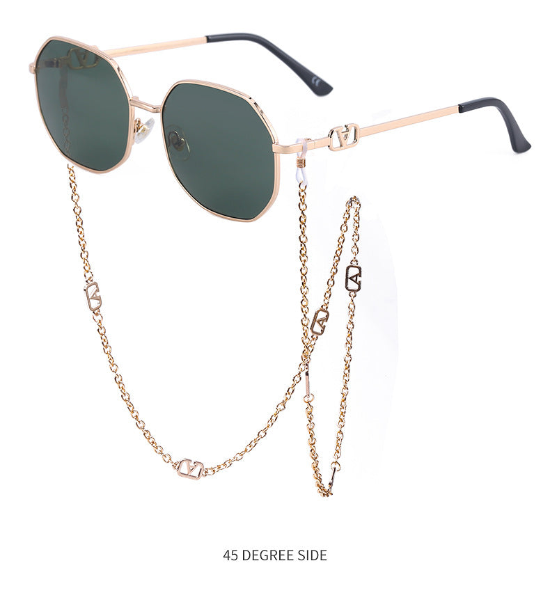 Chain Sunglasses for Women, Internet Celebrity Style, Anti-Drop Chain, Irregular Polygonal Full Frame Sunglasses for Women, Trendy