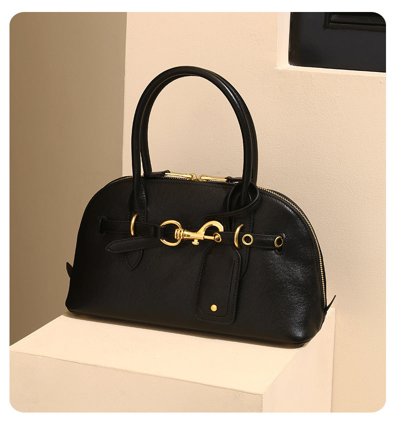 Miaojia Same Style European and American Retro Handbag Female Sense Top Layer Cowhide Crossbody Shell Bag Niche Boston Bag