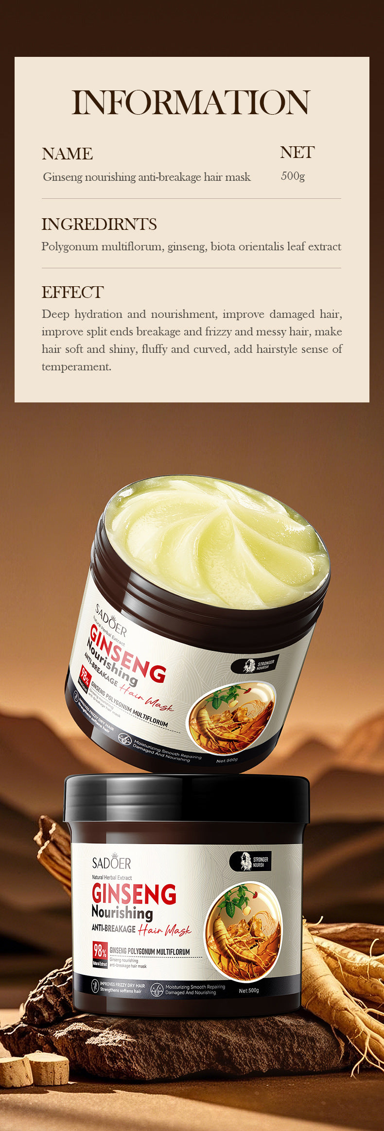 Full English Ginseng and Polygonum Multiflorum Hair Mask SADOER Nourishing Anti-Breakage Smooth Voluminous Hair Mask  Wholesale
