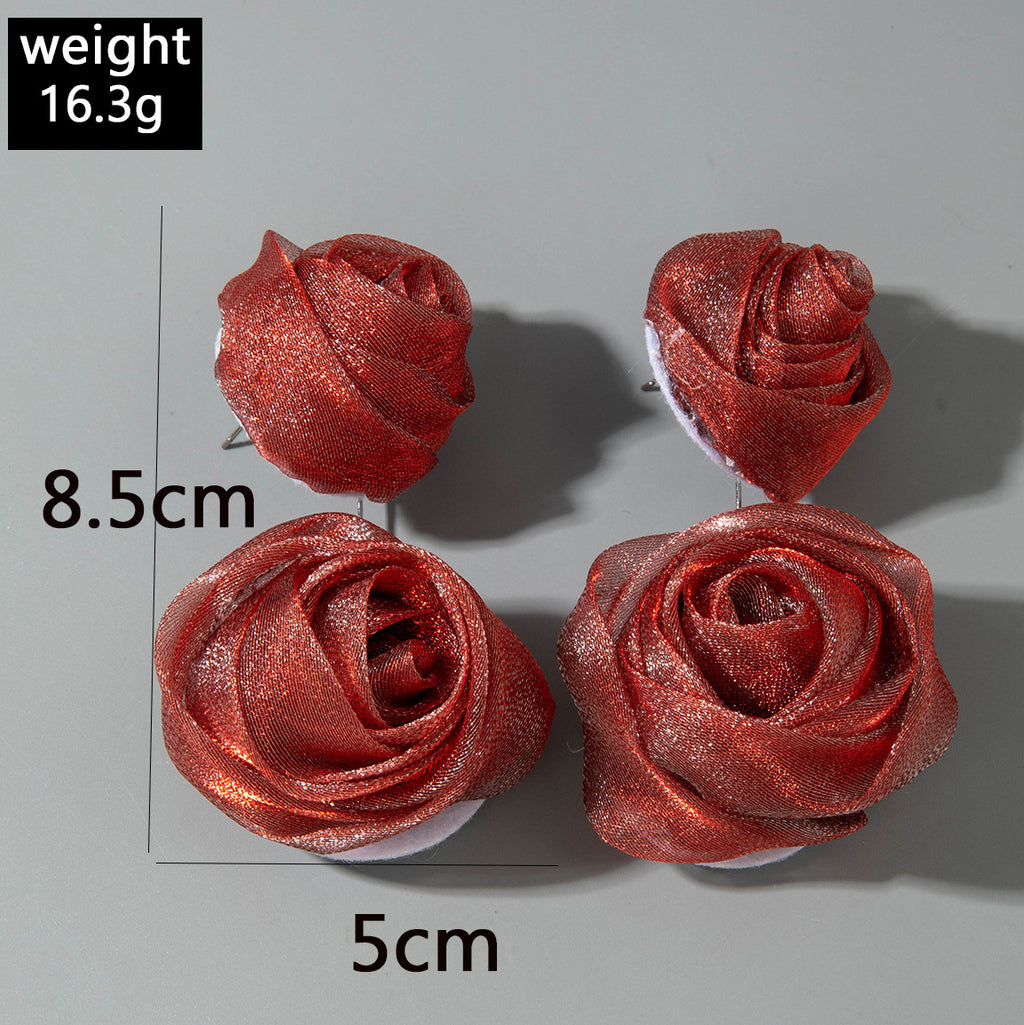 European and American Light Luxury High-End Fabric Rose Flower Earrings Fashion Versatile Three-Dimensional Flower Earrings Wholesale