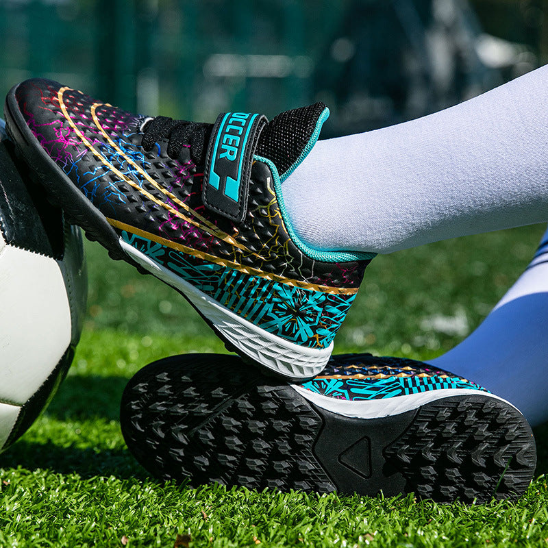 New Football Shoes for Men and Women, Children's Low-top Anti-collision Spike Magic Tape No-tie Grass Training Sports Shoes