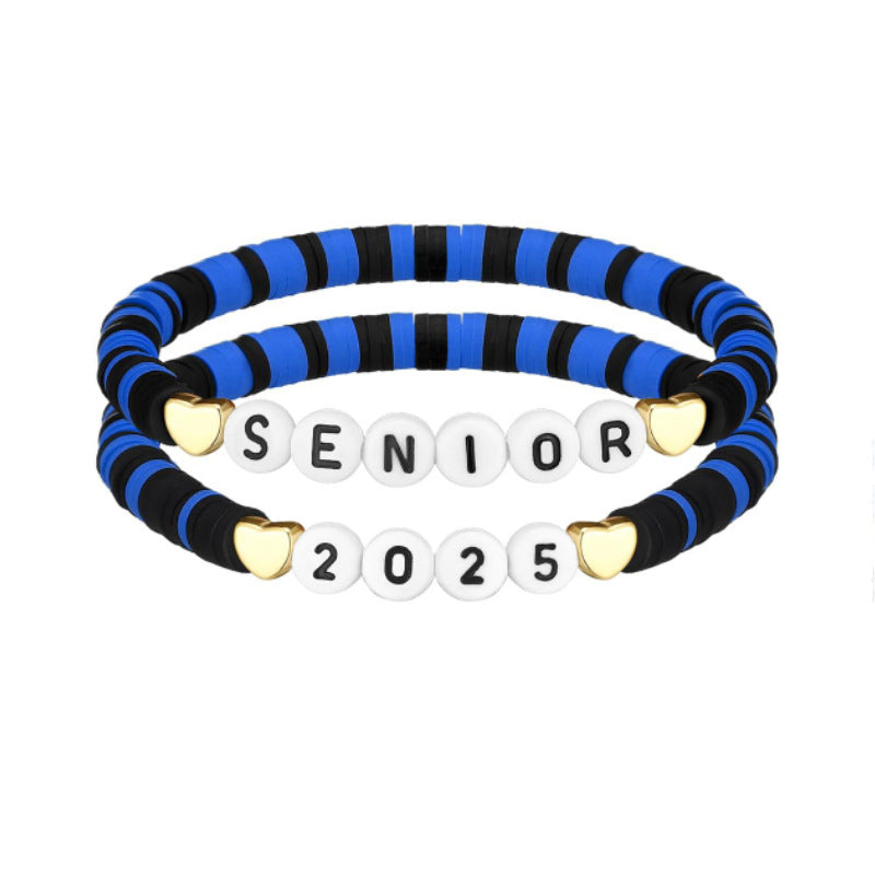 senior Alphabet Colorful Soft Clay Bracelet Heart Elastic Cord Single Loop Bracelet Set Graduation Season Commemorative Bracelet