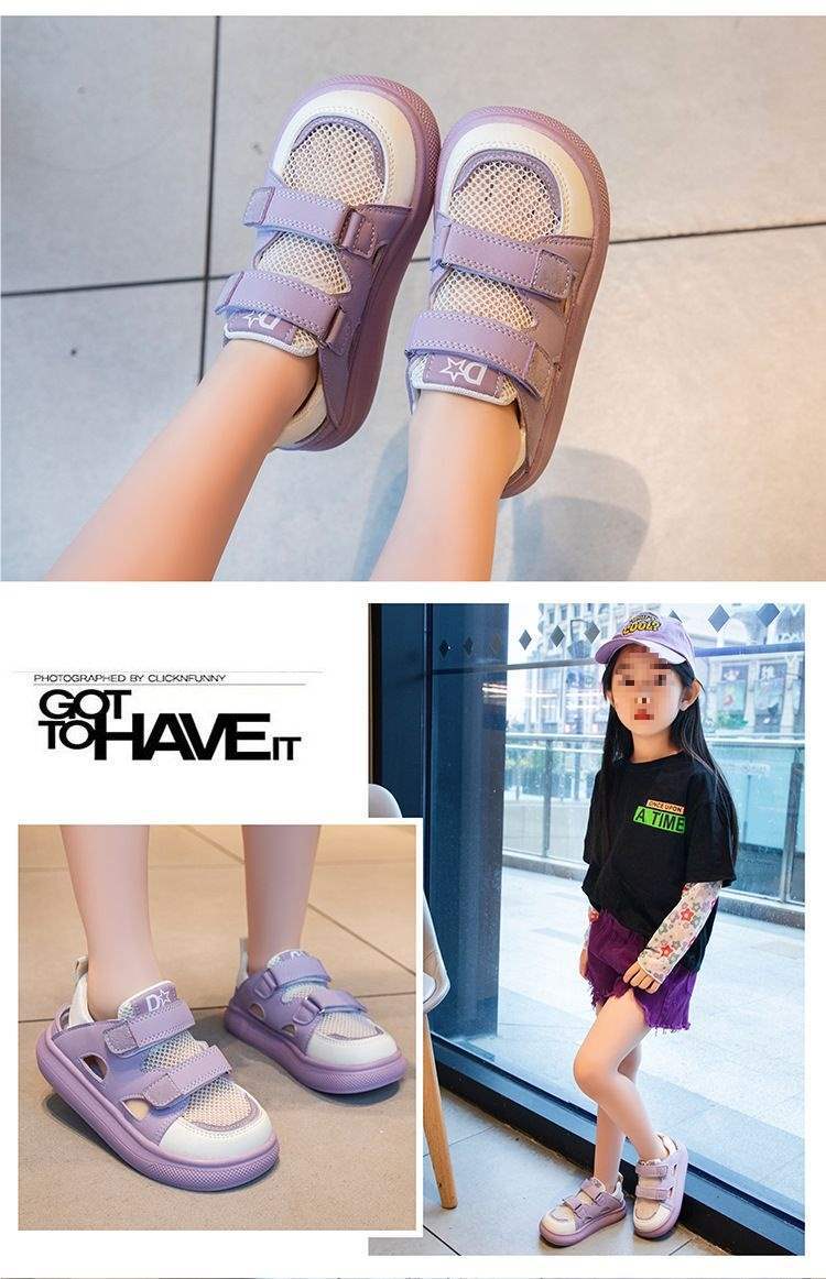 Girls Sports Closed-Toe Sandals Summer Style2025Summer New Children's Hollow Breathable Single Mesh Shoes Girls' White Shoes