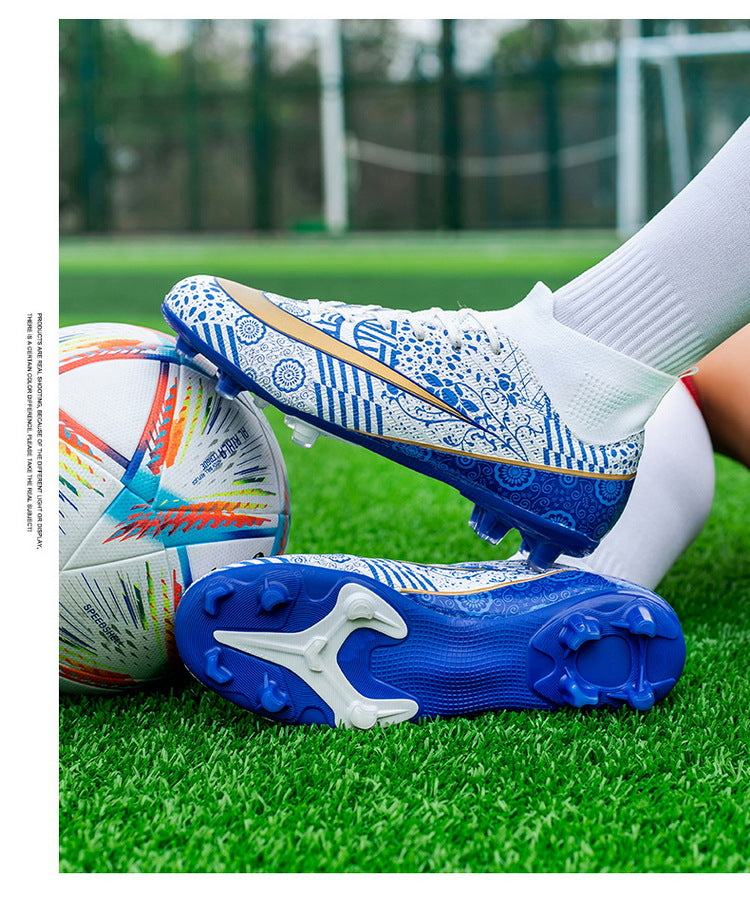 World Cup Same Style Blue and White Porcelain High-top Soccer Shoes for Men and Women, Children and Youth Competition Training Shoes