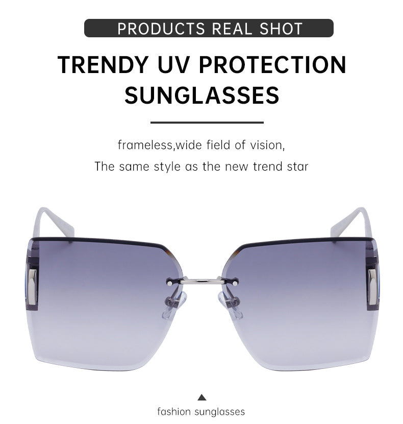 New European and American Fashion Diamond Cut Edge Rimless Sunglasses for Women Trendy Hollow Temple Large Frame Sunglasses Women's Glasses