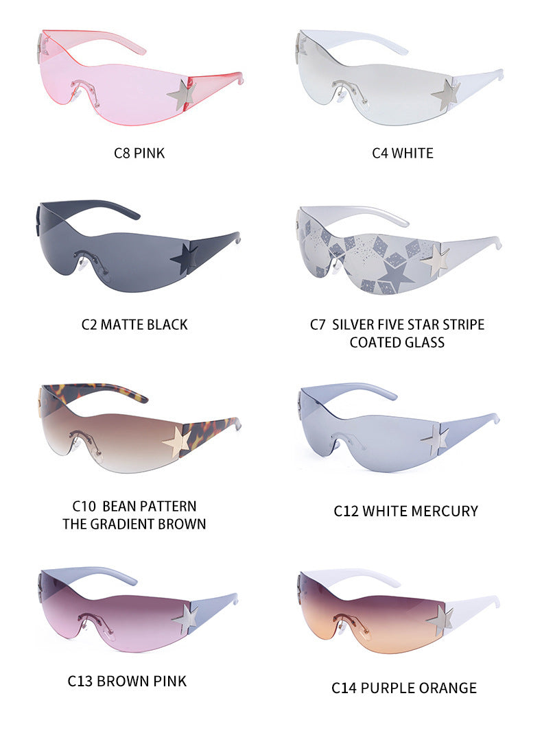 European and American retro rimless sunglasses for women y2k Personalized Five-Pointed Star One-Piece Sunglasses for Men Cycling Glasses Wholesale