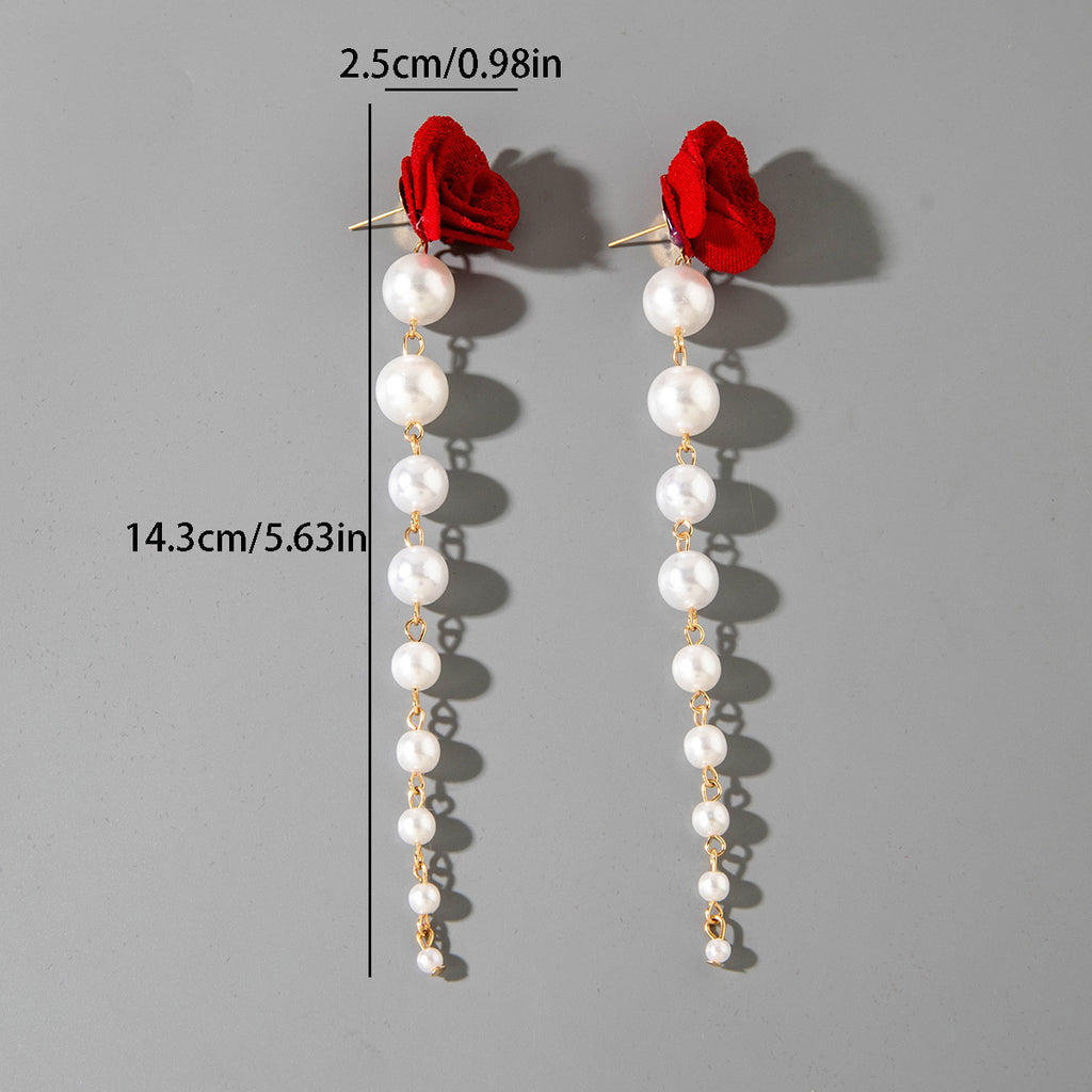 European and American Fresh Fabric Colorful Pearl Earrings Sweet Rice Bead Tassel Tulip Flower Earrings