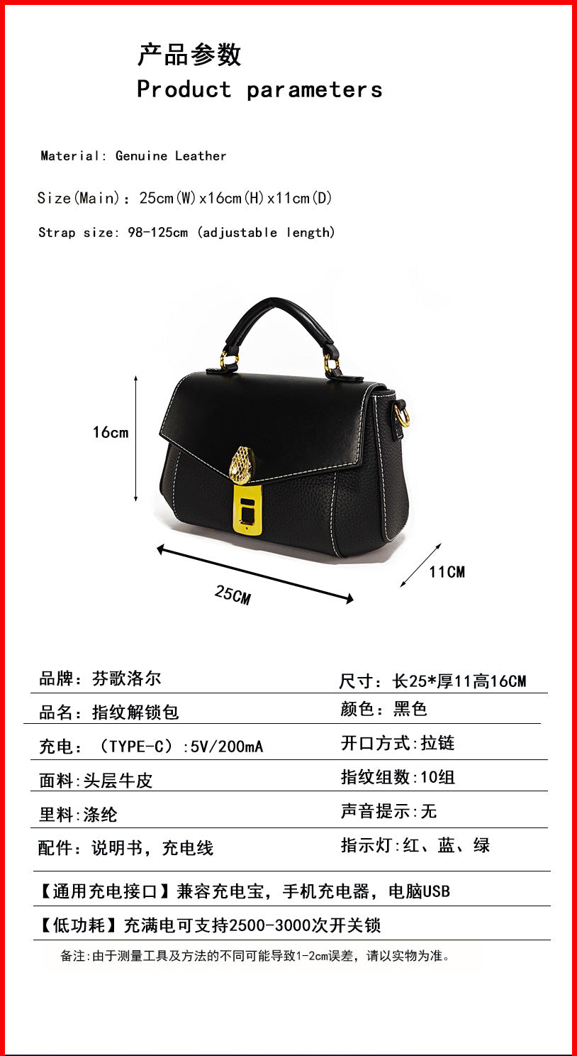 Customized Fingerprint Unlock Bag High-end Fashion Top Layer Cowhide Large Capacity Handbag Crossbody Genuine Leather Women's Bag