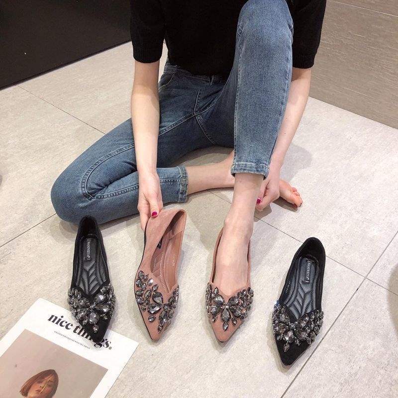 European and American Style2025Spring Summer New Women's Shoes Suede Fashion Shallow Mouth Pointed Toe Hidden Wedge Flat Heel Flat Shoes