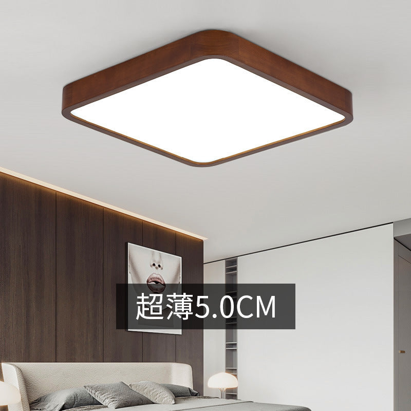 New Chinese Style Ceiling Light for Bedroom, Round Modern Simple Walnut Color Solid Wood Nordic Room LED Lamp