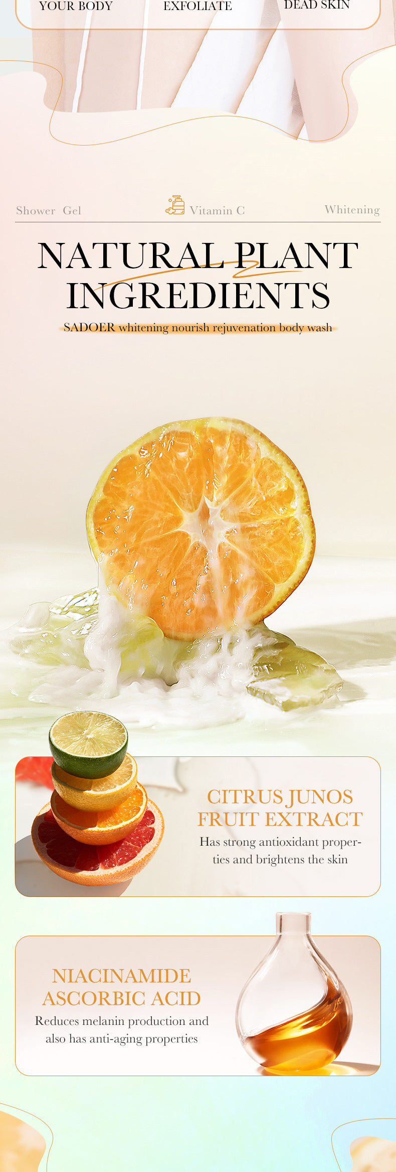 All English Vitamins C Shower Gel520g SADOER Whitening, Moisturizing and Cleansing Body Wash  Foreign Trade Wholesale