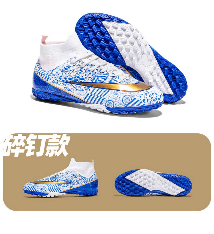 World Cup Same Style Blue and White Porcelain High-top Soccer Shoes for Men and Women, Children and Youth Competition Training Shoes