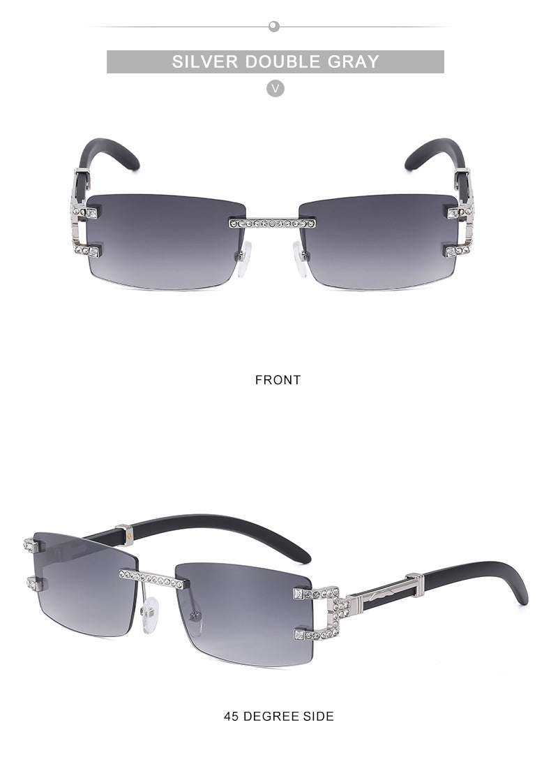 Imitation Wood Grain Leg Retro Sunglasses for Men Fashion Trend Diamond-Studded Rimless Sunglasses Men's Sun Protection Square Frame Glasses Street Style