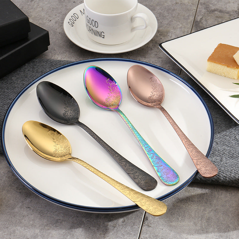 Vintage Pattern National Trend Stainless Steel Cutlery Set Five-Piece Set Western Steak Knife Fork Spoon Dessert Spoon Fork