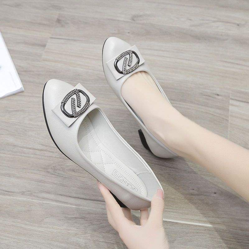 Soft Leather Single Shoes for Women, Integrated Heel, Mid-Heel, Mom Shoes, Leather Shoes, Chunky Heel, Loafers, Professional Work Shoes for Women