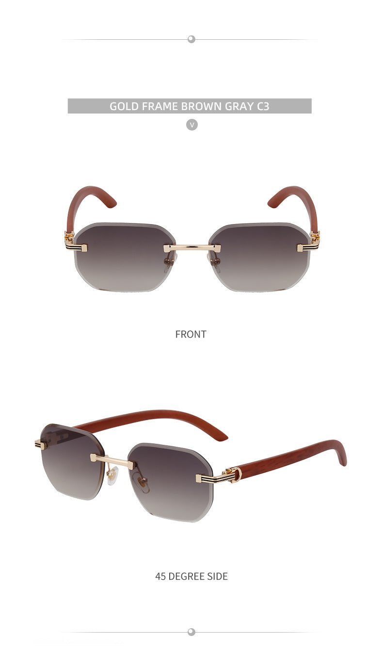 【Customization】Diamond Cut Rimless Glasses for Men, European and American Retro Style, Imitation Wood Grain Temple Sunglasses, Sun Protection Sunglasses