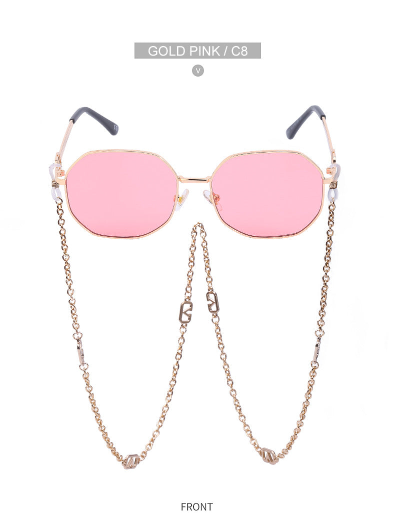 Chain Sunglasses for Women, Internet Celebrity Style, Anti-Drop Chain, Irregular Polygonal Full Frame Sunglasses for Women, Trendy