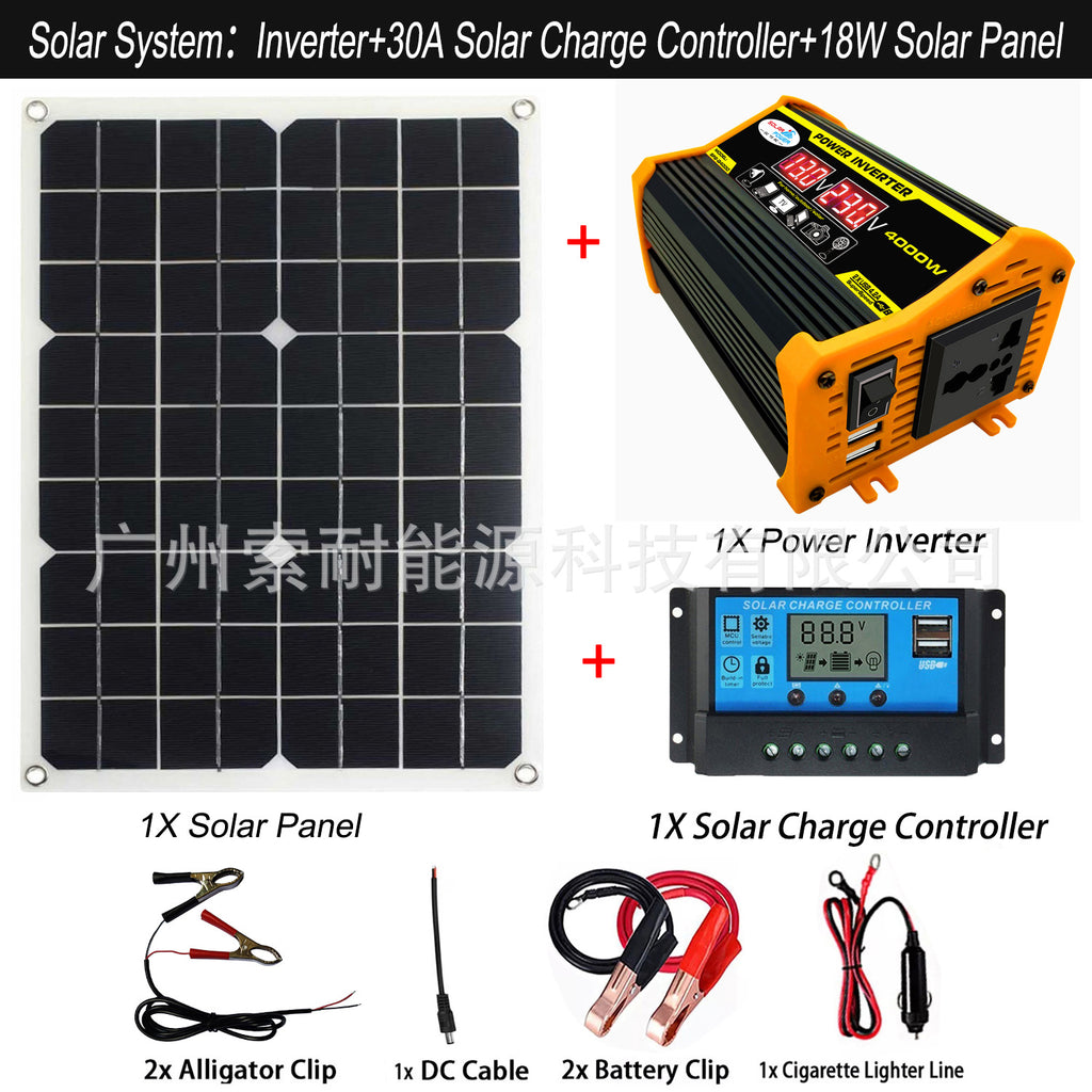 Solar Energy Kit System:12V Inverter 30A Controller 18W Solar Panel Solar System