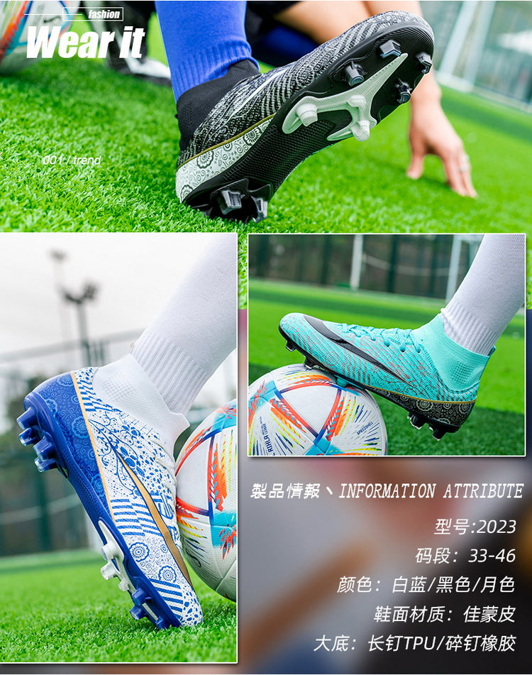 World Cup Same Style Blue and White Porcelain High-top Soccer Shoes for Men and Women, Children and Youth Competition Training Shoes