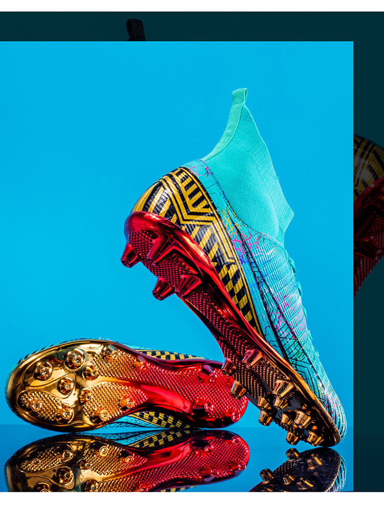 Large Size Men's Soccer Shoes AG Long Spike Gold-Plated Hot Stamping Football Shoes for Youth Professional Competition Training Shoes Wholesale