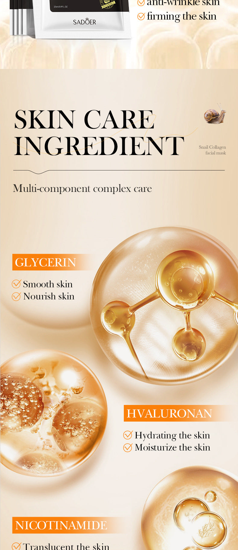 Full English Snail Face Mask SADOER Collagen anti-wrinkle firming delicate skin mask  wholesale