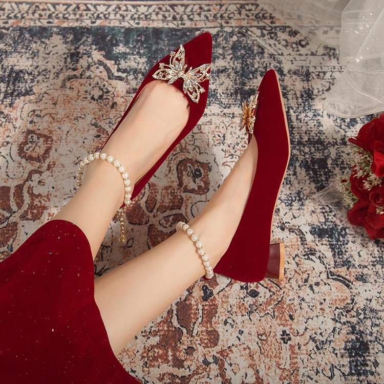 Pointed Elegant Burgundy High Heels2025New Year's New Socialite Bowknot Comfortable Bride Shoes Two-Way Wedding Shoes