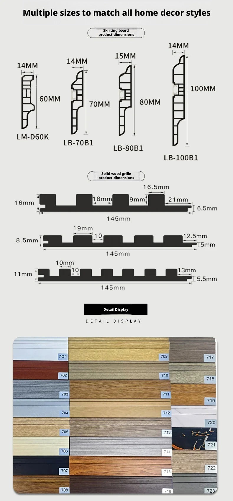 Factory Wholesale pvc Bamboo and wood fiber skirting board7High-density polymer snap-on plastic decorative fixed baseboard