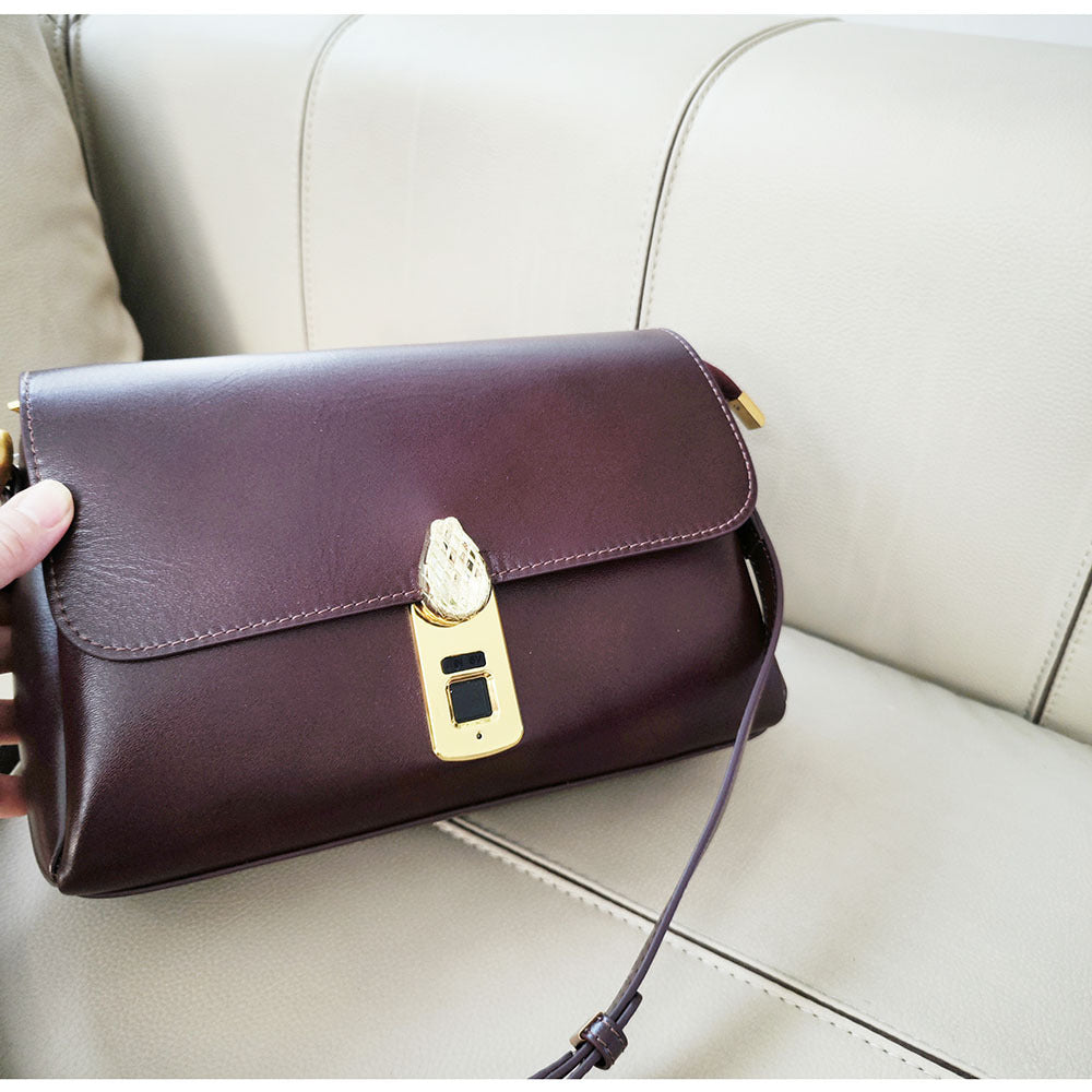 Fingerprint Unlock Bag Niche Genuine Leather Women's Bag High-end Flocked Top Layer Cowhide Single Shoulder Crossbody Commuter Underarm Bag