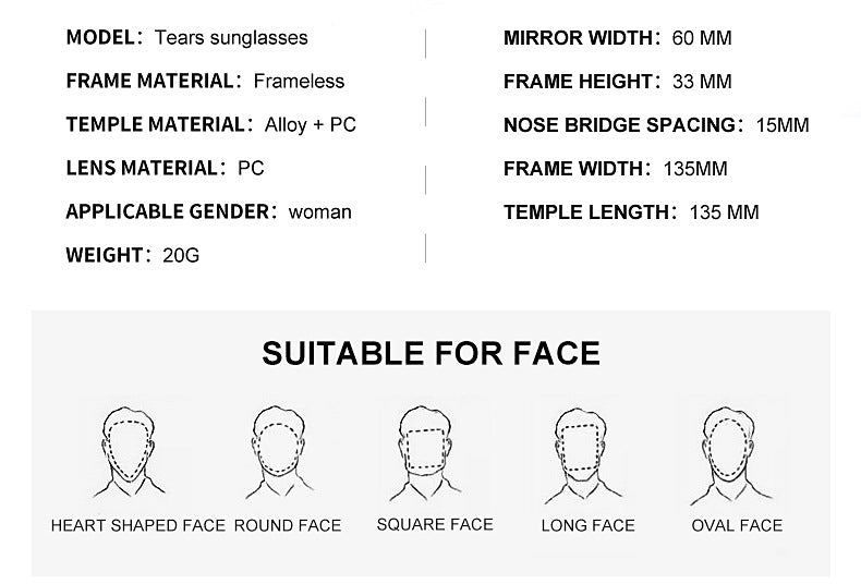 Christmas Costume Personality Tear Sunglasses for Women Metal Frameless Sunglasses Trendy European and American Party Funny Glasses