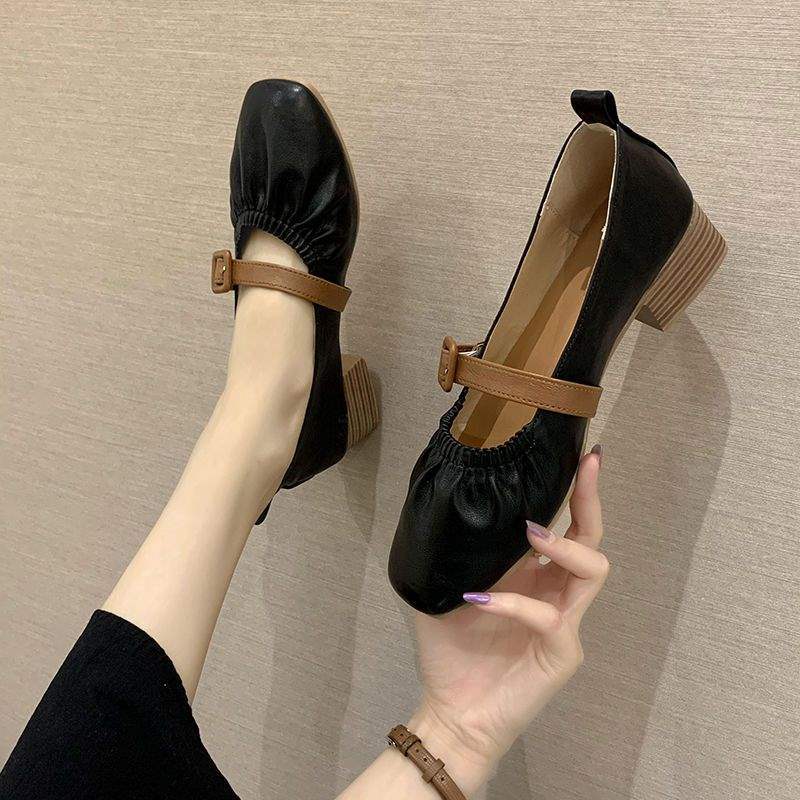 Hepburn Style Shallow Mouth Chunky Heel Single Shoes for Women2025New Square Toe Mary Jane Granny Shoes Mid Heel Versatile Soft Sole Retro