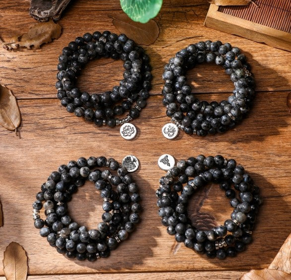 108Pink Quartz Bracelet Lotus Lucky Tree Pendant Labradorite Braided Bracelet Agate Tiger Eye Elastic Bracelet