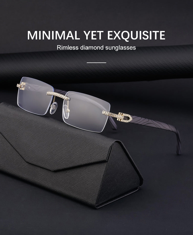 European and American Retro Frameless Men's Sunglasses with Diamond Inlay and Wood Grain Temples New Style Glasses Wholesale shades