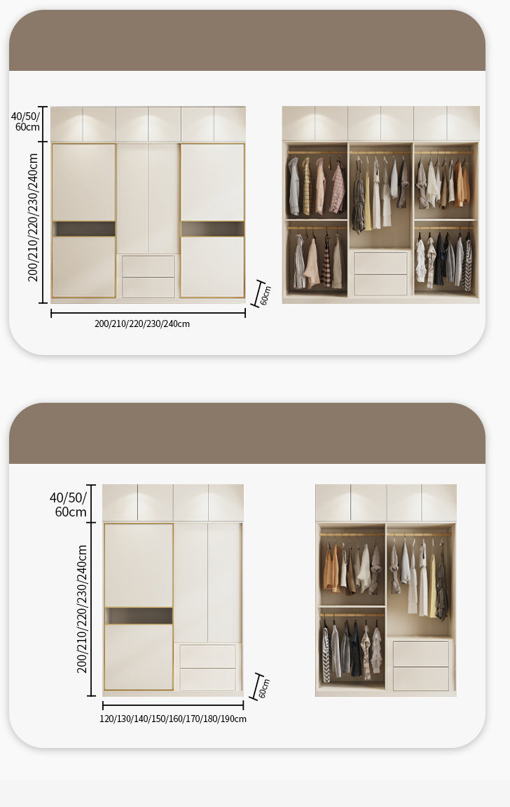 Cream Style Solid Wood Sliding Door Wardrobe for Home Bedroom with Hanging Area, Multiple Storage Cabinets, and Segmented Large Wardrobe
