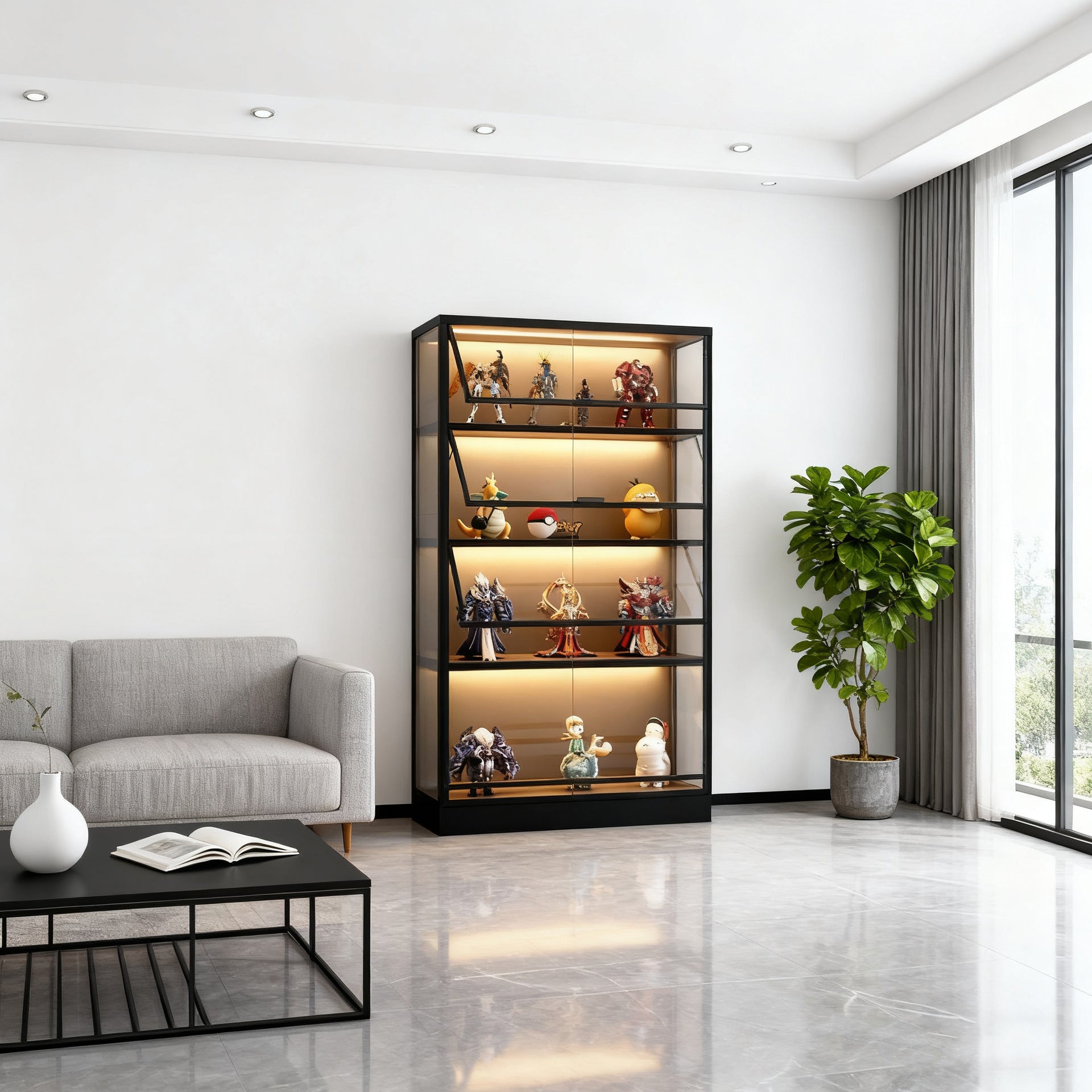 Custom Aluminum Alloy Bookshelf with Glass Doors, Dustproof, Light Luxury, Handcrafted Lego Model Display for Home Living Room