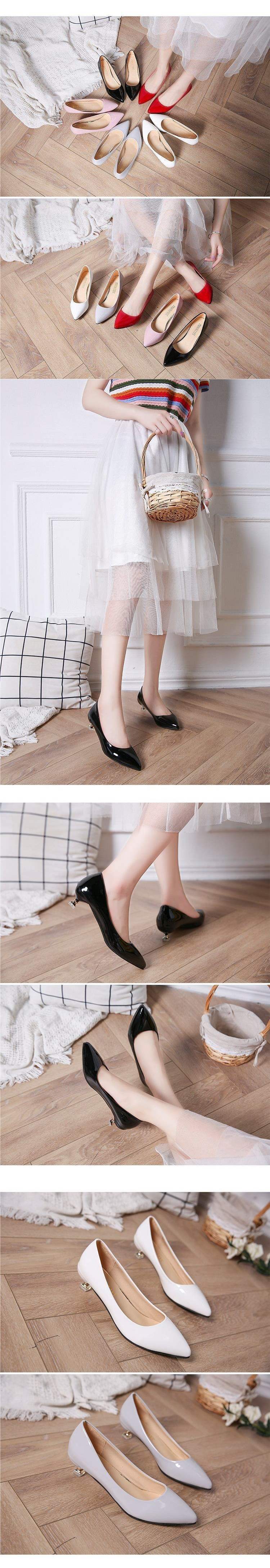 Low Heel High Heel Shoes Shiny Leather Cat Heel Shoes for Women3cm Stiletto Low Heel Korean Style Elegant Pointed Toe Small Heel Single Shoes Work Shoes