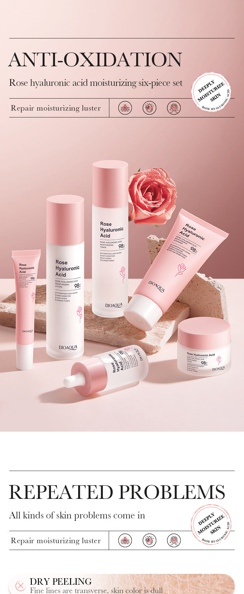 BIOAOUA Rose Hyaluronic Acid Moisturizing Six-piece Set Hydrating skin care product set  wholesale
