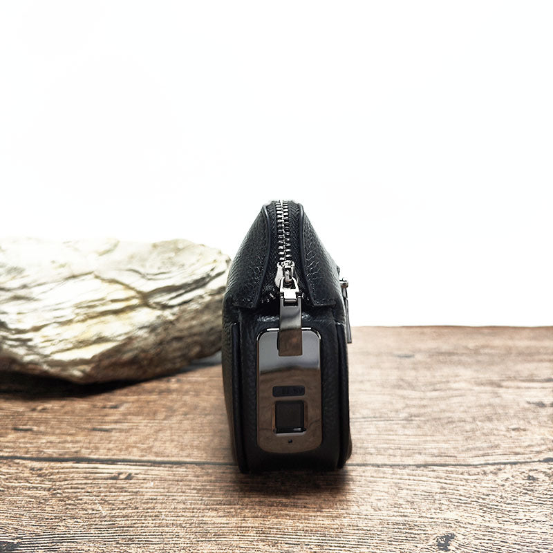 Fingerprint Lock Clutch Wrist Strap Handheld Bag for Phone Men's Business Genuine Leather Handbag Portable Fingerprint Unlock