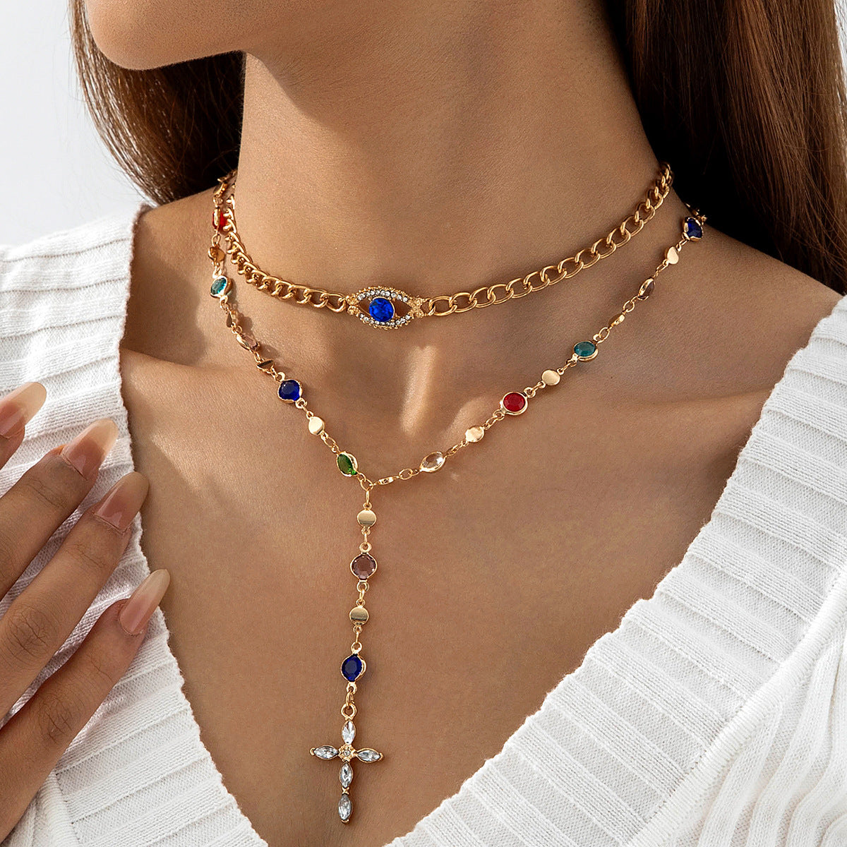 Europe and America ins Dopamine Colorful Crystal Chain Stacking Necklace Fashionable Diamond-Encrusted Cross Y Type Necklace