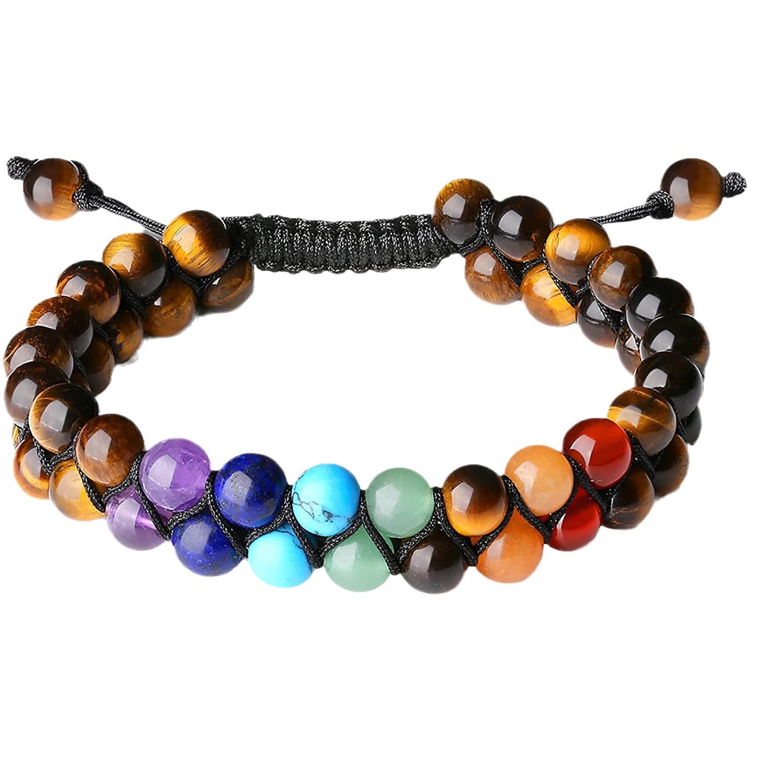 Hot Sale6mm Natural White Turquoise Colorful Double Layer Bracelet Braided Rope Adjustable Tiger Eye Stone Double Row Bracelet