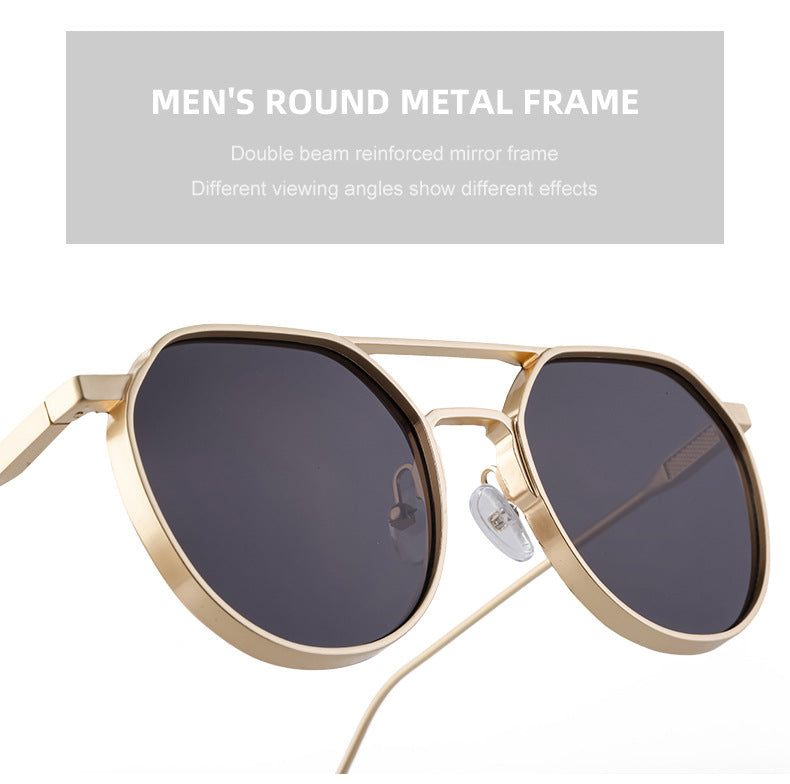 New Retro Oval Frame Glasses Metal Double Bridge Pilot Sunglasses Men's High-end Driving Sun Protection Sunglasses