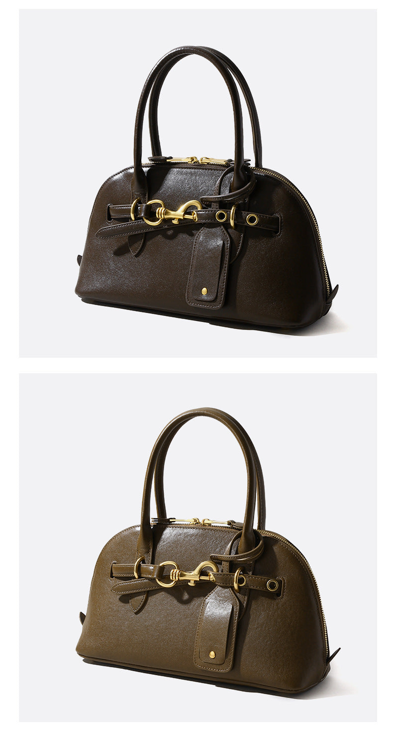 Miaojia Same Style European and American Retro Handbag Female Sense Top Layer Cowhide Crossbody Shell Bag Niche Boston Bag