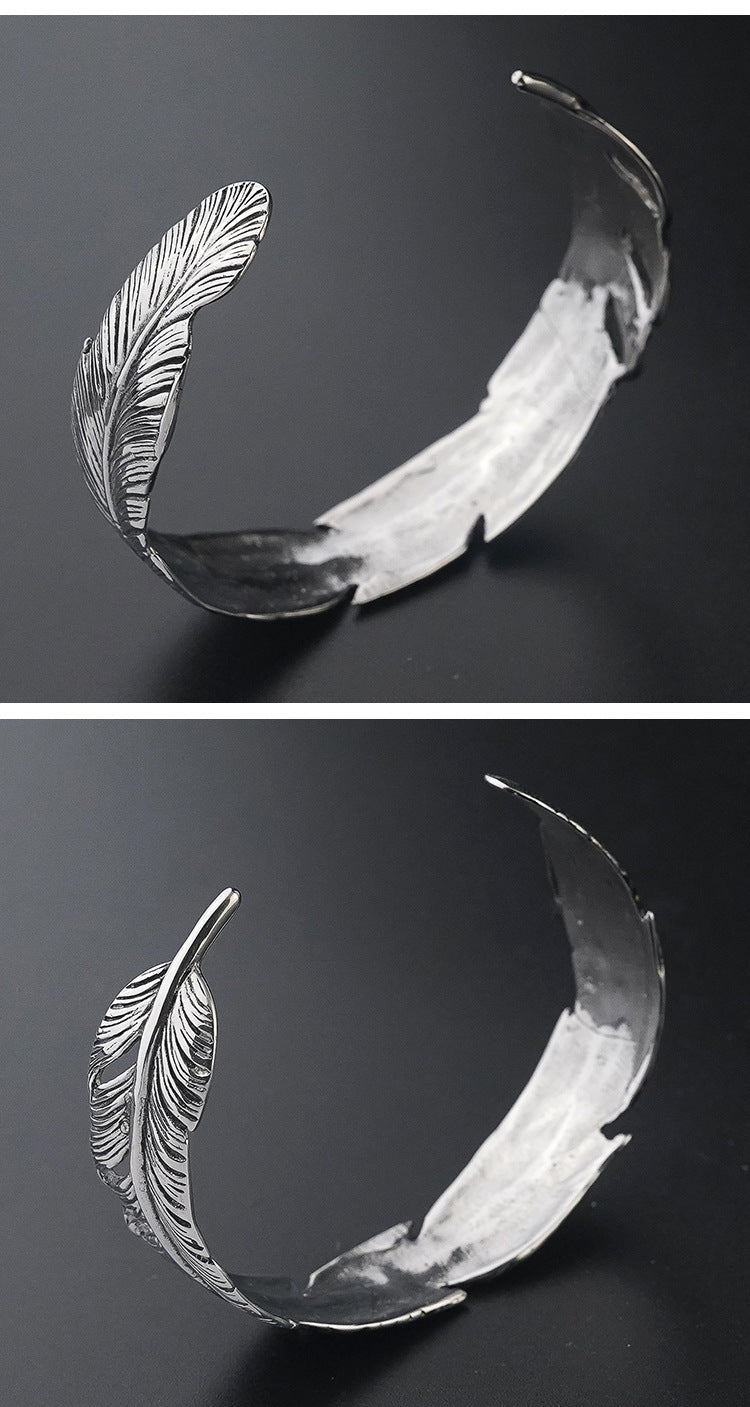 Stainless Steel Fashion Personality Creative Feather Bracelet Titanium Steel Unisex Open Vintage Arm Ring Jewelry