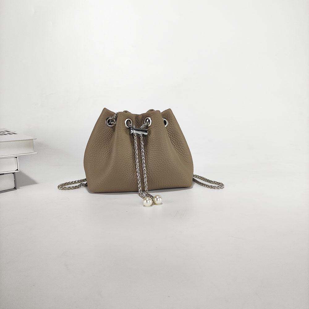 Niche Genuine Leather Bucket Bag for Women2024New Mini Small Bag Top Layer Cowhide Autumn Chain Shoulder Crossbody Bag