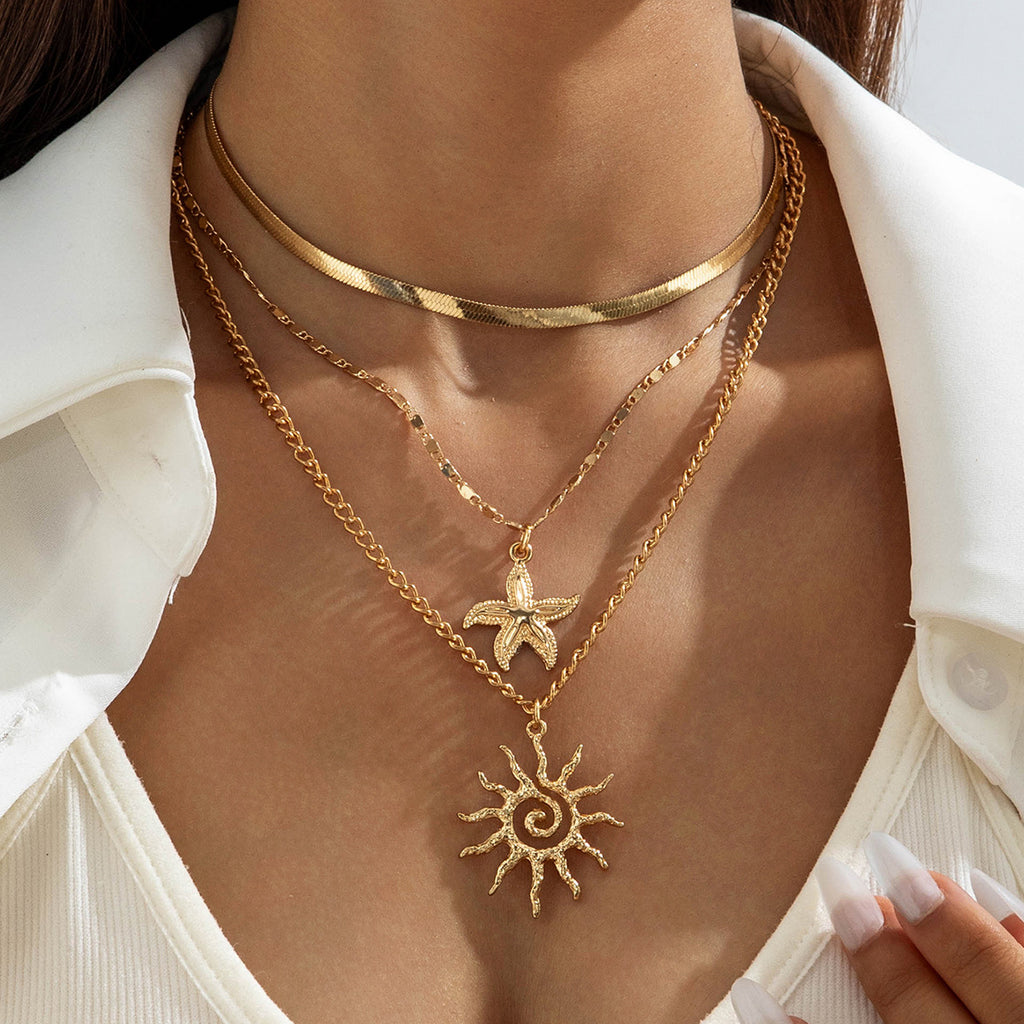 European and American Fashion Jewelry Double Layer Stacked Sunflower Pendant Necklace Simple Flat Snake Necklace Wholesale