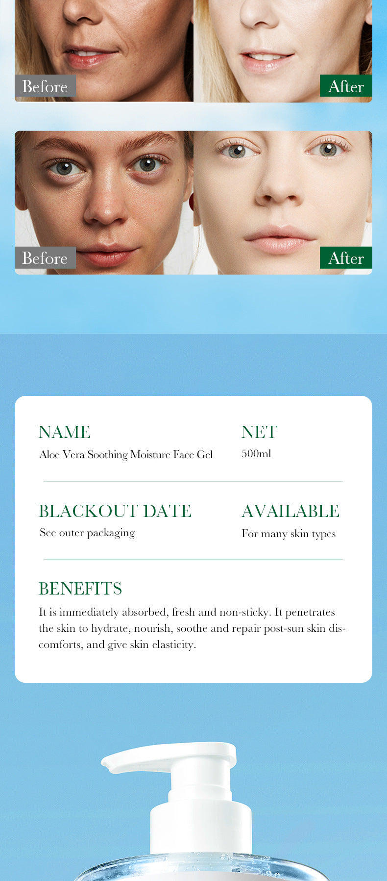 Aloe Vera Gel Aloe Vera Gel300g Large Capacity Hydrating Moisturizing Nourishing Cross-Border Foreign Trade Live Wholesale