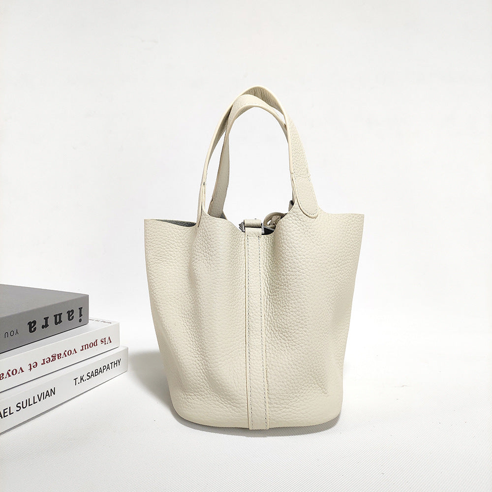 Women's Basket Bag2025New High-End First Layer Cowhide Bucket Bag Casual Handheld Women's Tote Bag Trendy