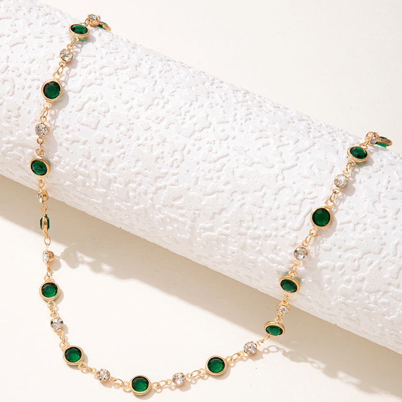 European and American New Style Green Zircon Niche Personality Retro Inlaid Diamond Short Necklace Collarbone Chain Choker chocker Female