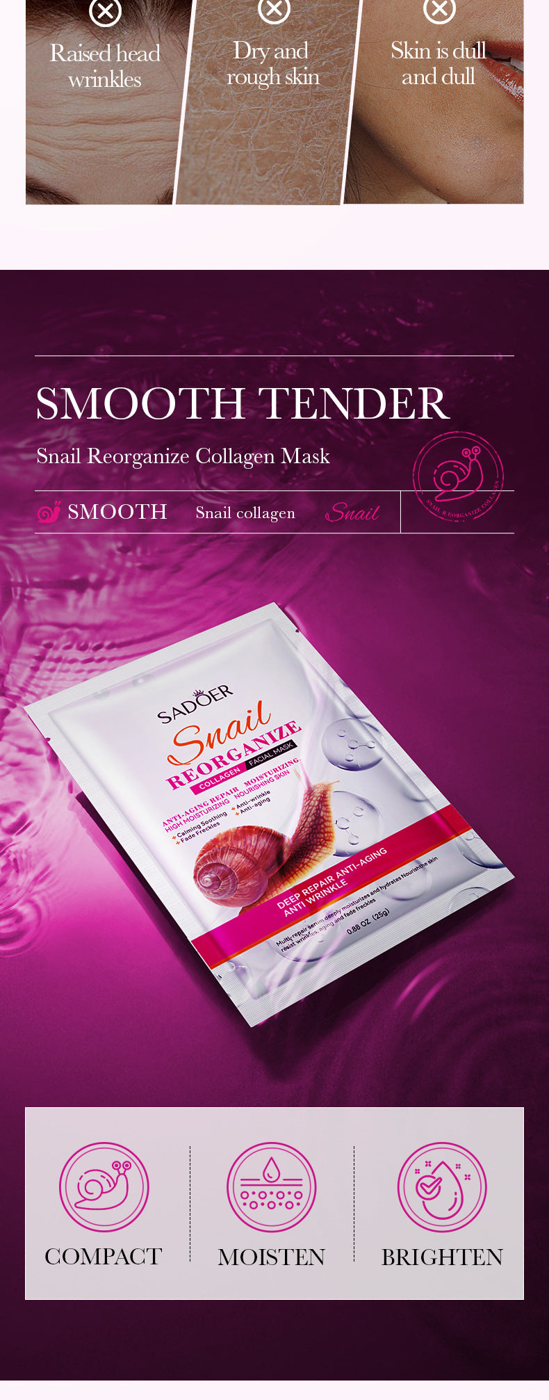 Full English Snail Face Mask25g SADOER Collagen Hydrating Moisturizing Tablets  Wholesale